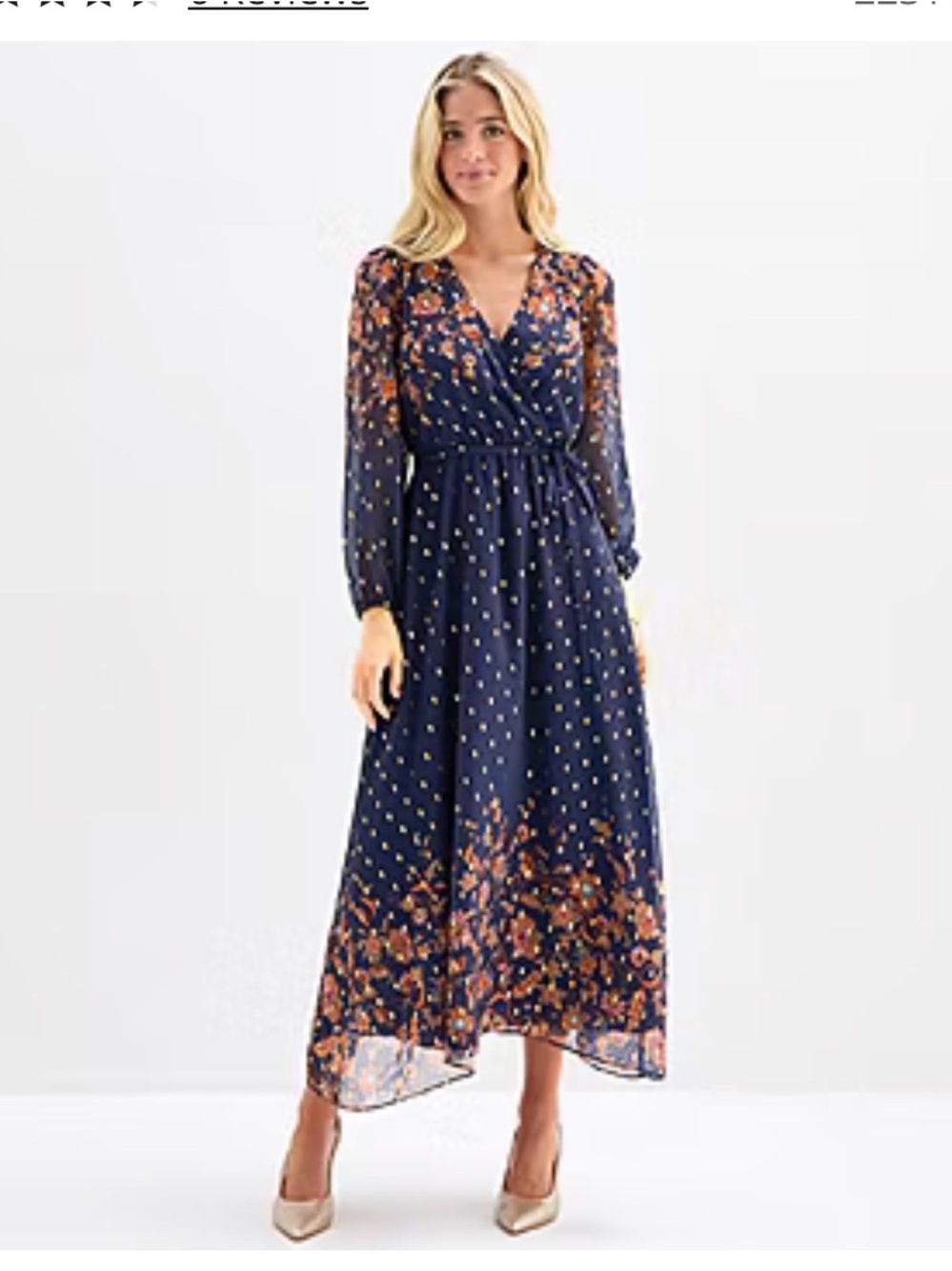 NWT MSK Navy Floral Wrap Maxi Dress with Orange, Gold and Pink Accents SzPL